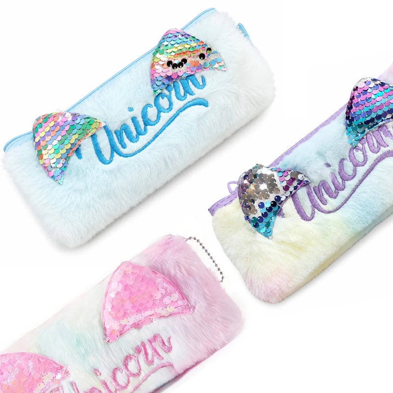 Unicorn Fur Pencil Pouch for Girls – Cute Pastel Pink Glitter School Stationery Bag with Zipper, Large Capacity (77-18)